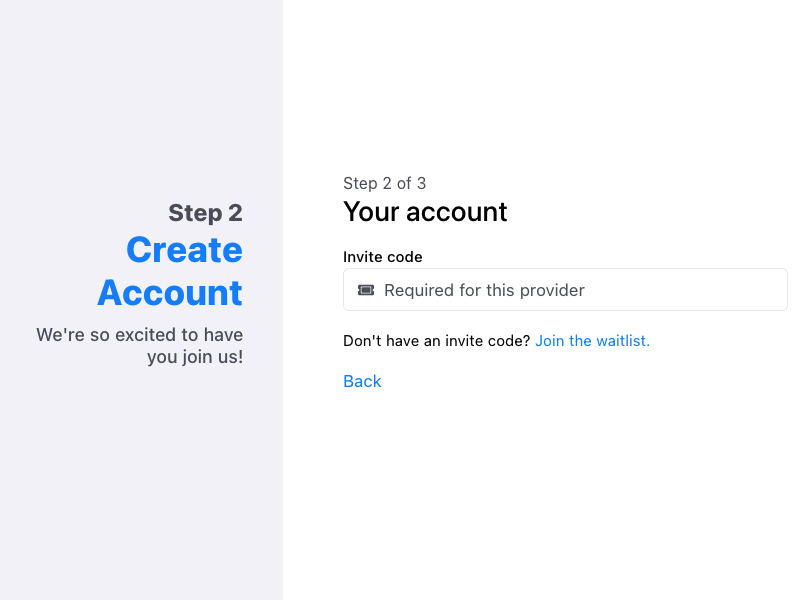 Step 2 of creating a Bluesky App...putting in an invite code