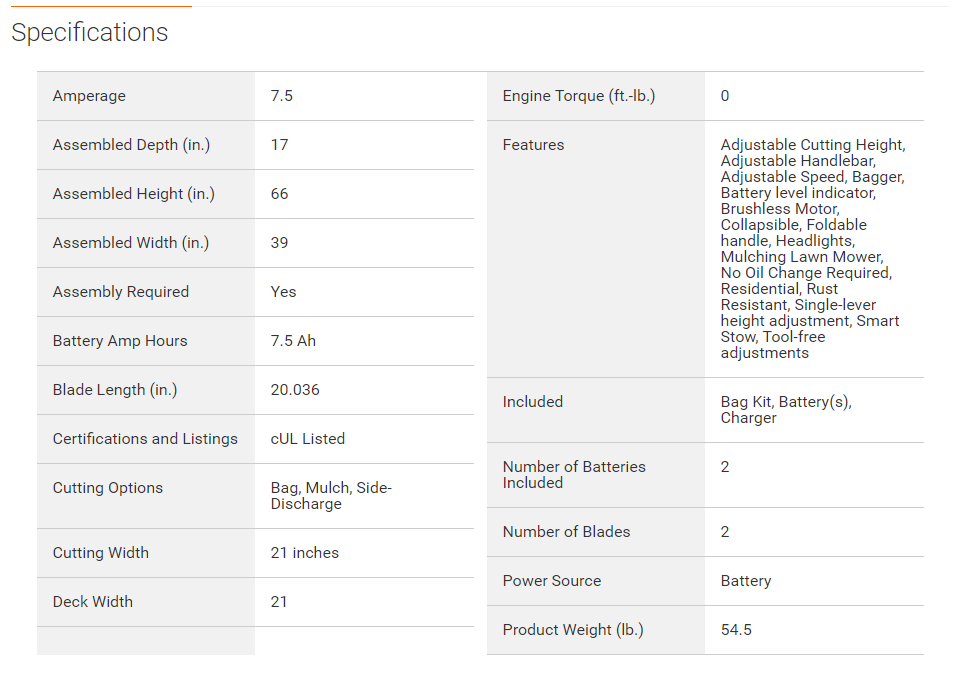 Specifications from the Select Cut Kit (LM2135SP)