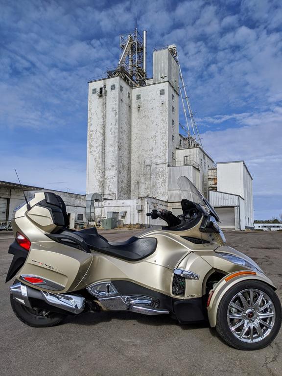 My Spyder in front of the grain elevators in Ellis, SD