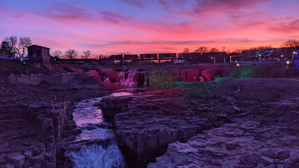 Picture of Falls Park and the Big Sioux after sunset