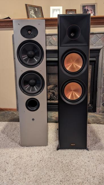 Speakers. Athena Technologies Audition Series AS-F2 on the left. Klipsch Reference Premier RP-8000F II on the right.