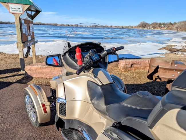 2017 Can-Am Spyder RTL looking over icy Wall Lake, SD