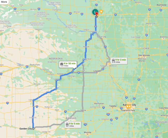 The path I took from Garden City to Sioux Falls in blue in 1992.