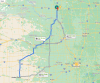 The path I took from Garden City to Sioux Falls in blue in 1992.